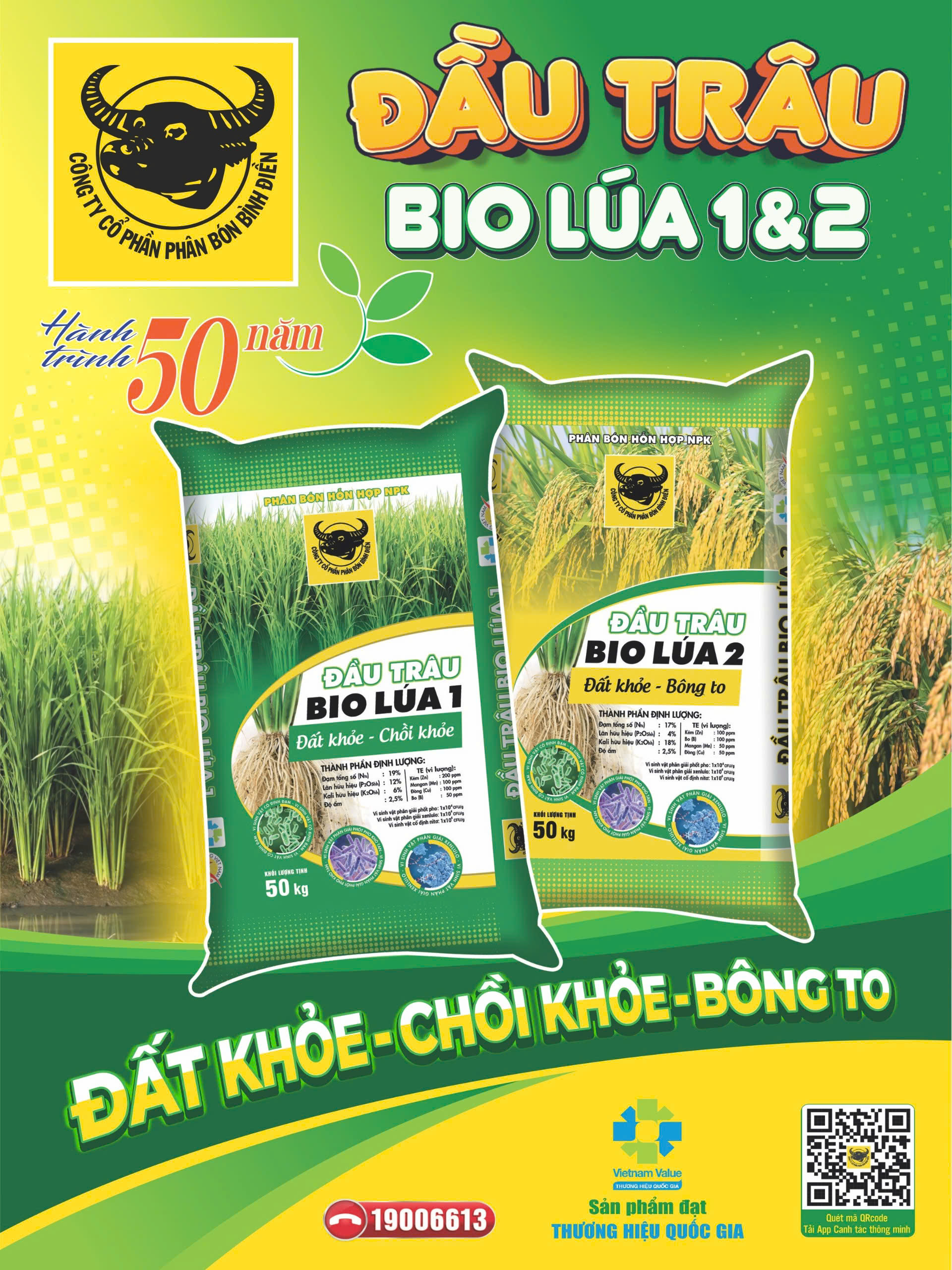 Phân bón Đầu Trâu Bio-Lúa 1, Đầu Trâu Bio-Lúa 2 giúp cải tạo đất, nâng cao năng suất lúa. Ảnh: Bùi Lương.